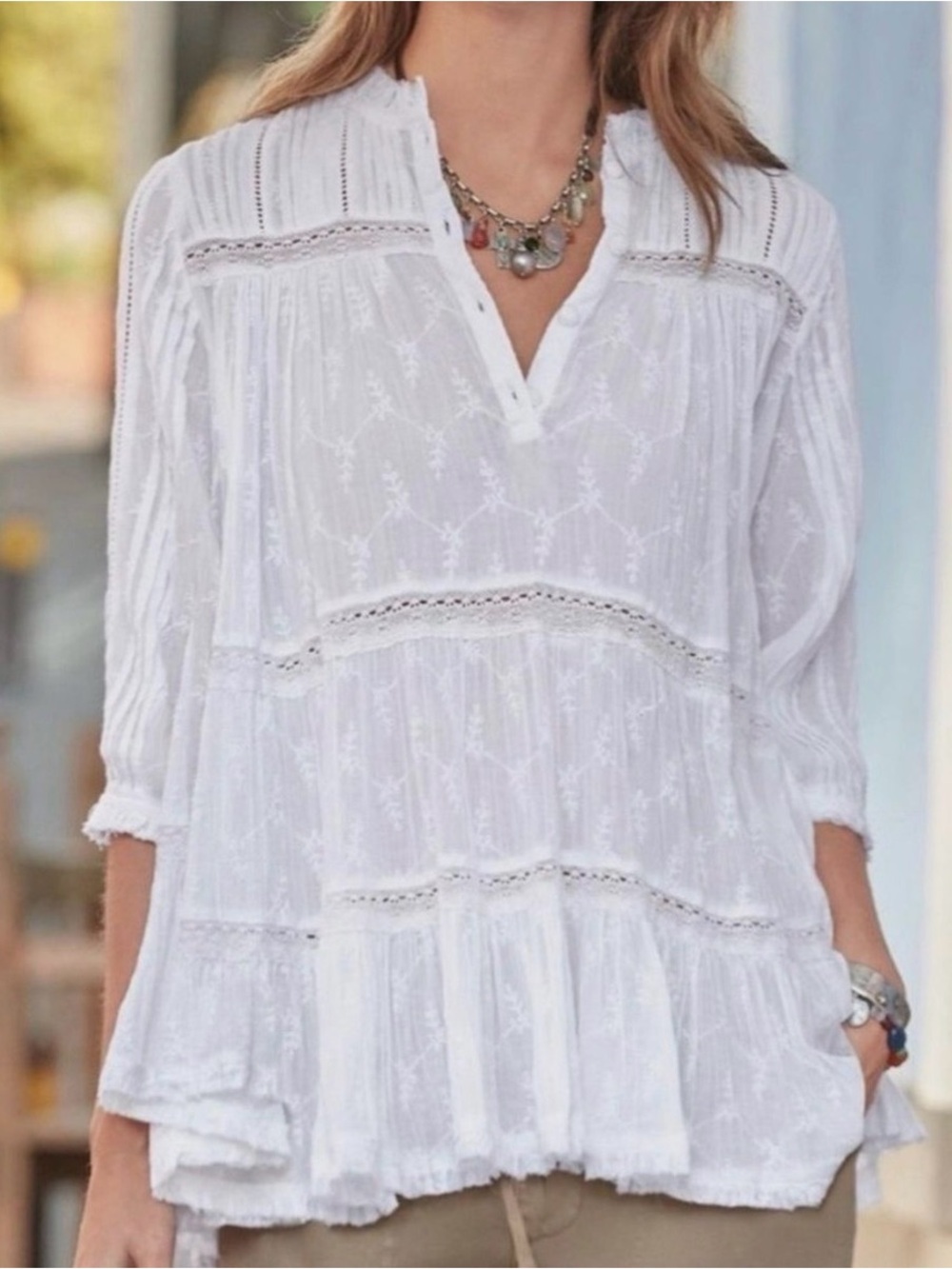 Sundance Catalog Blouse Light Pink “Mylah Eyelet Top” Boho Lace Tiered Coastal